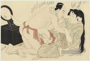 Nacktheit Werke - Ein Mann unterbricht Frau, die ihre langen Haare Kitagawa Utamaro Sexualität
